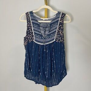 Rewind Navy Blue Bohemian Tie Front Patterned Sleeveless Tunic Top Women's